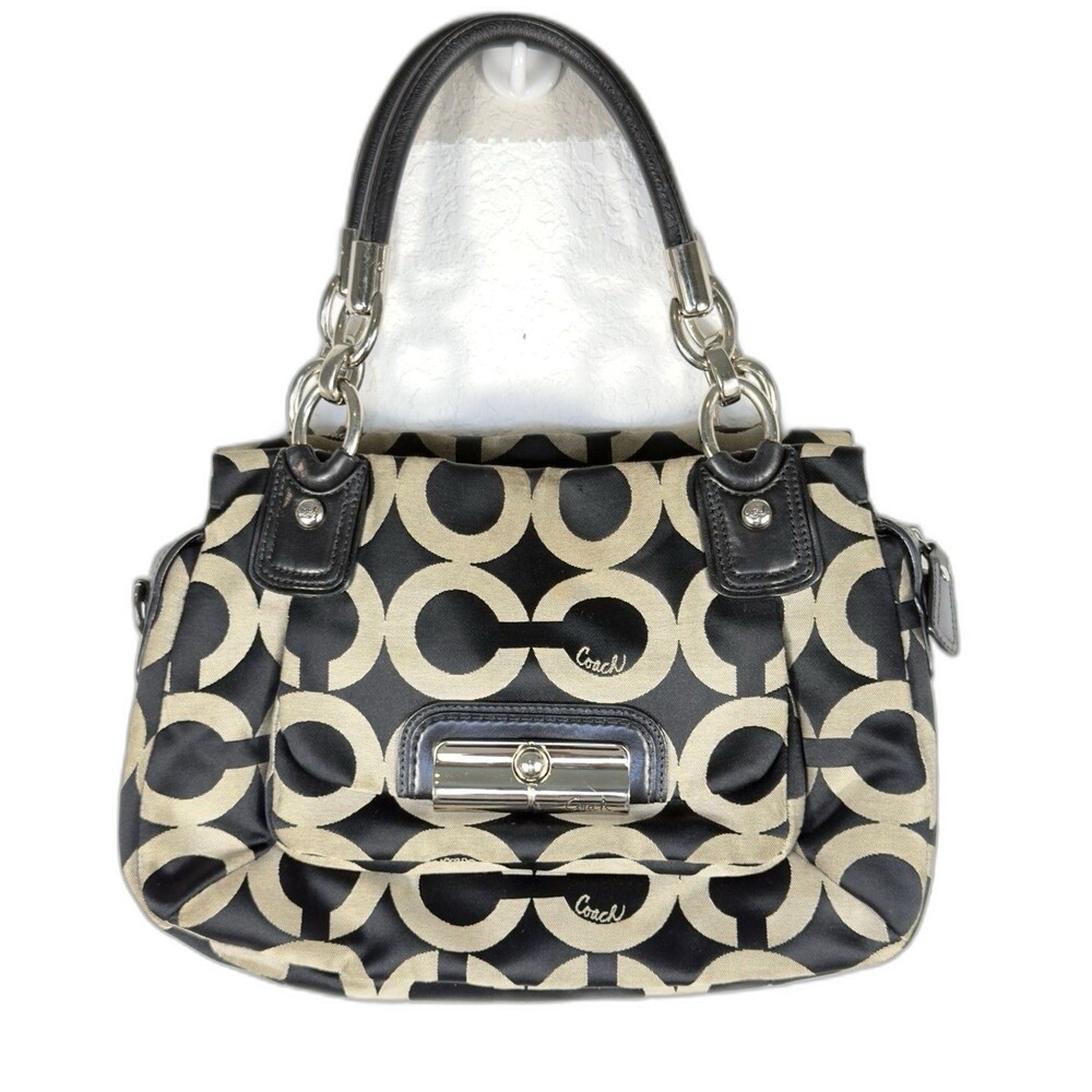Coach Kristin 16779 Op Art Signature Y2K Satchel Black Khaki Leather Bag